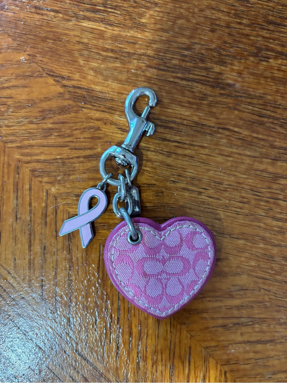 Coach Pink Heart Monogram Keychain Charm with Breast Cancer Ribbon Accent - Picture 4 of 4